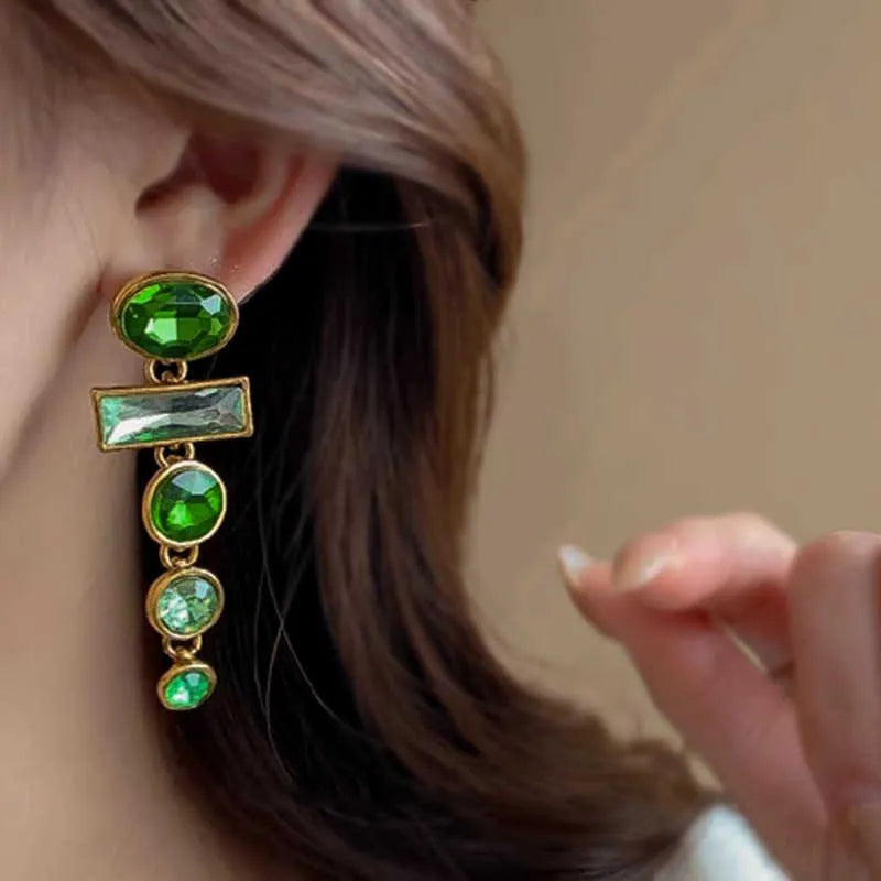 Green geometric tassel earrings with zircon inlaid design and Chinese-style aesthetic