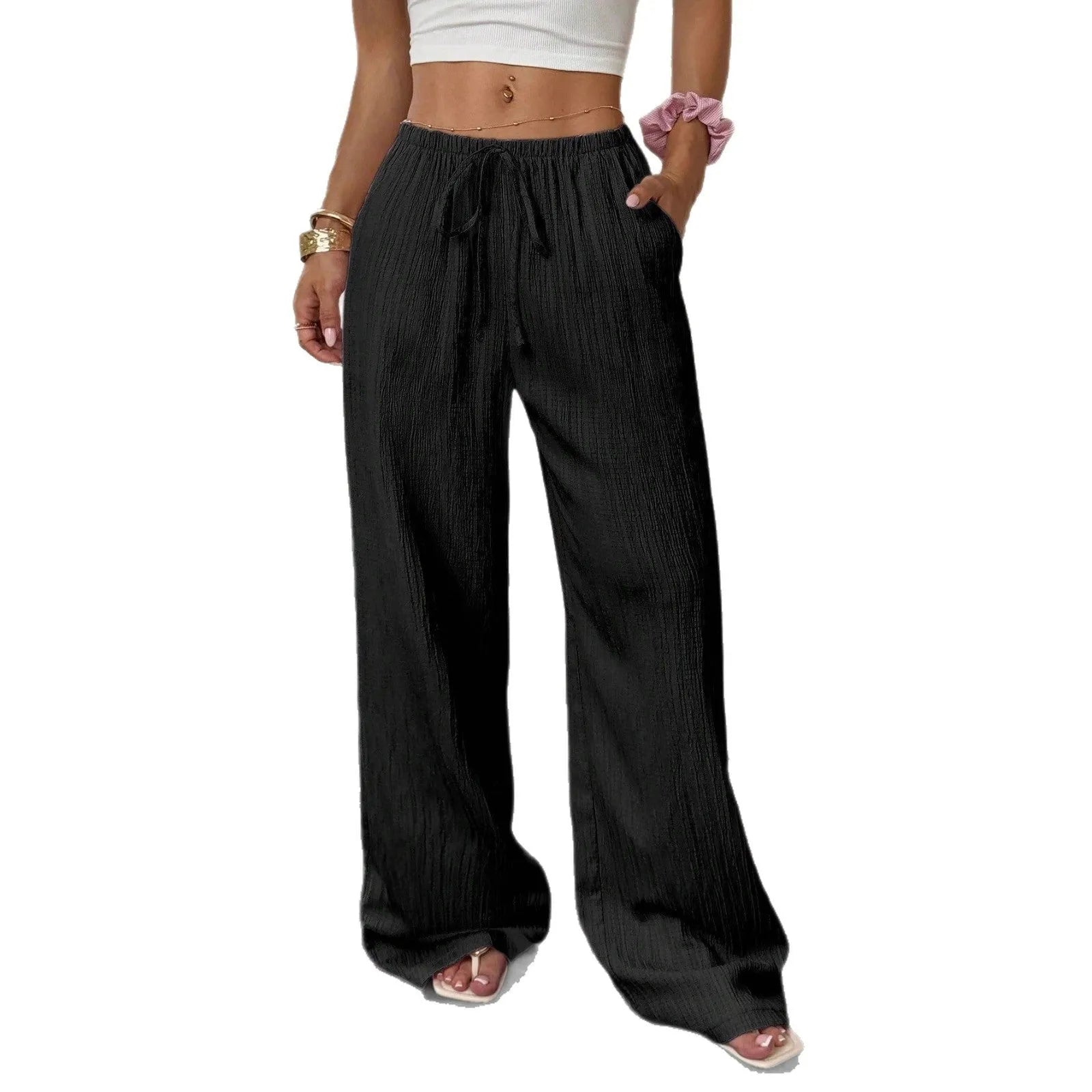 Women's wide-leg trousers with lace-up waist detail in black and pink colour options