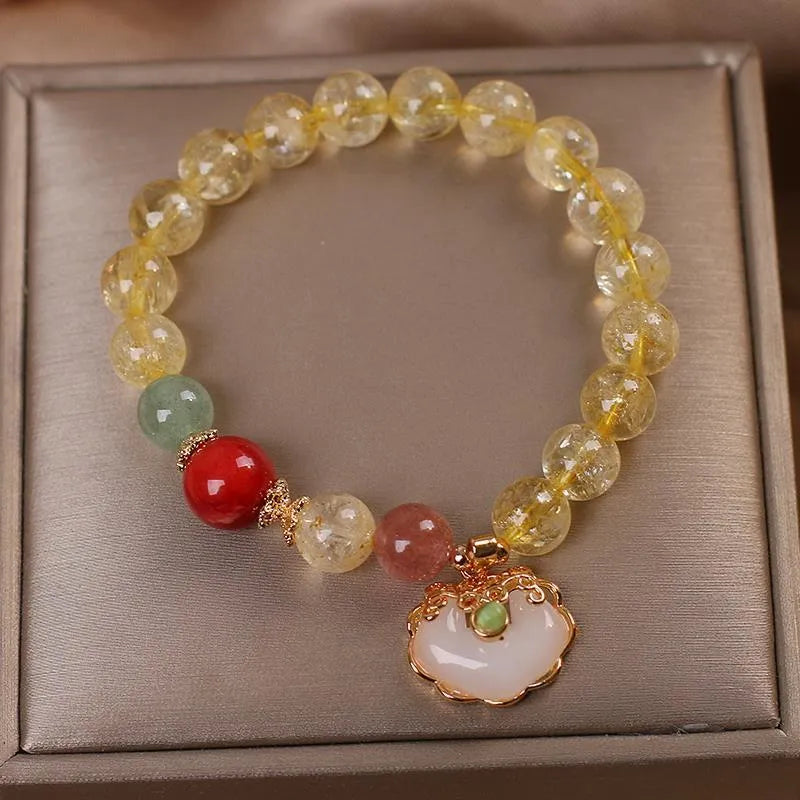 Yellow hair crystal jade ruyi pendant bracelet on alloy chain for women