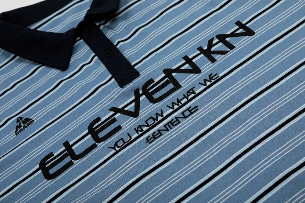 Blue stripe vintage short-sleeved polo shirt with loose fit on mannequin
