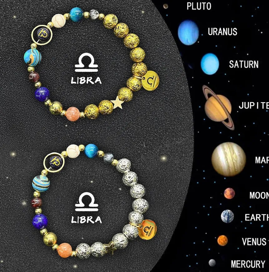 Set of two natural stone beaded bracelets with twelve different zodiac sign designs.