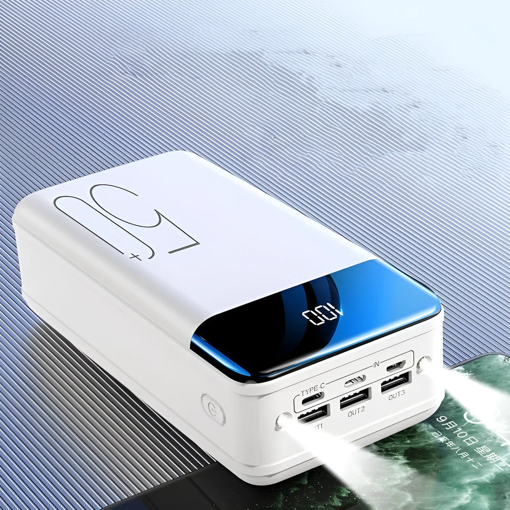 Large capacity 50000mAh power bank with three output ports and three input ports in black or white plastic case