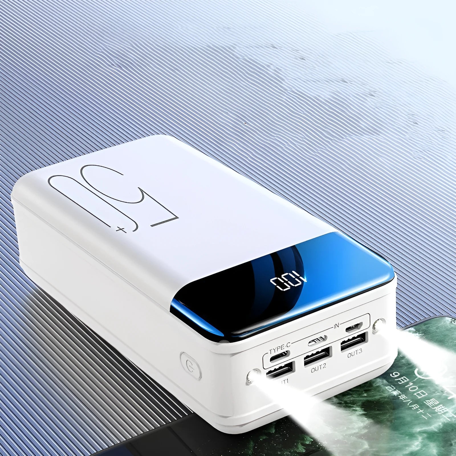 Large capacity 50000mAh power bank with three output ports and three input ports in black or white plastic case