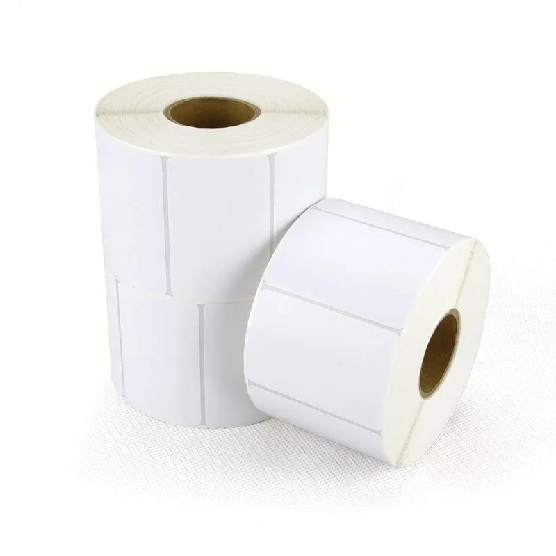 Roll of white 40x40mm thermal synthetic paper adhesive labels for retail pricing and tagging.