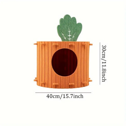 Carrot-shaped felt cat nest and tunnel cattery in semi-enclosed design