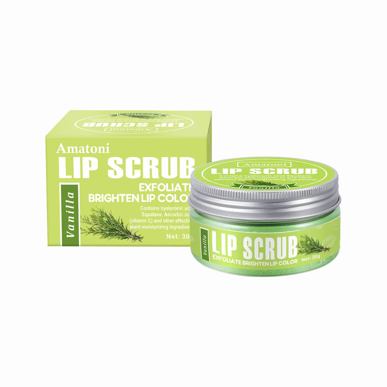 Amatoni lip scrub cream pot in choice of coconut, raspberry, vanilla or watermelon flavour, 30g size