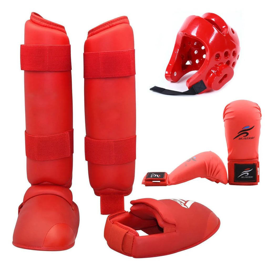 Red and blue martial arts protective gear set including helmet, gloves and leg guards in PU material