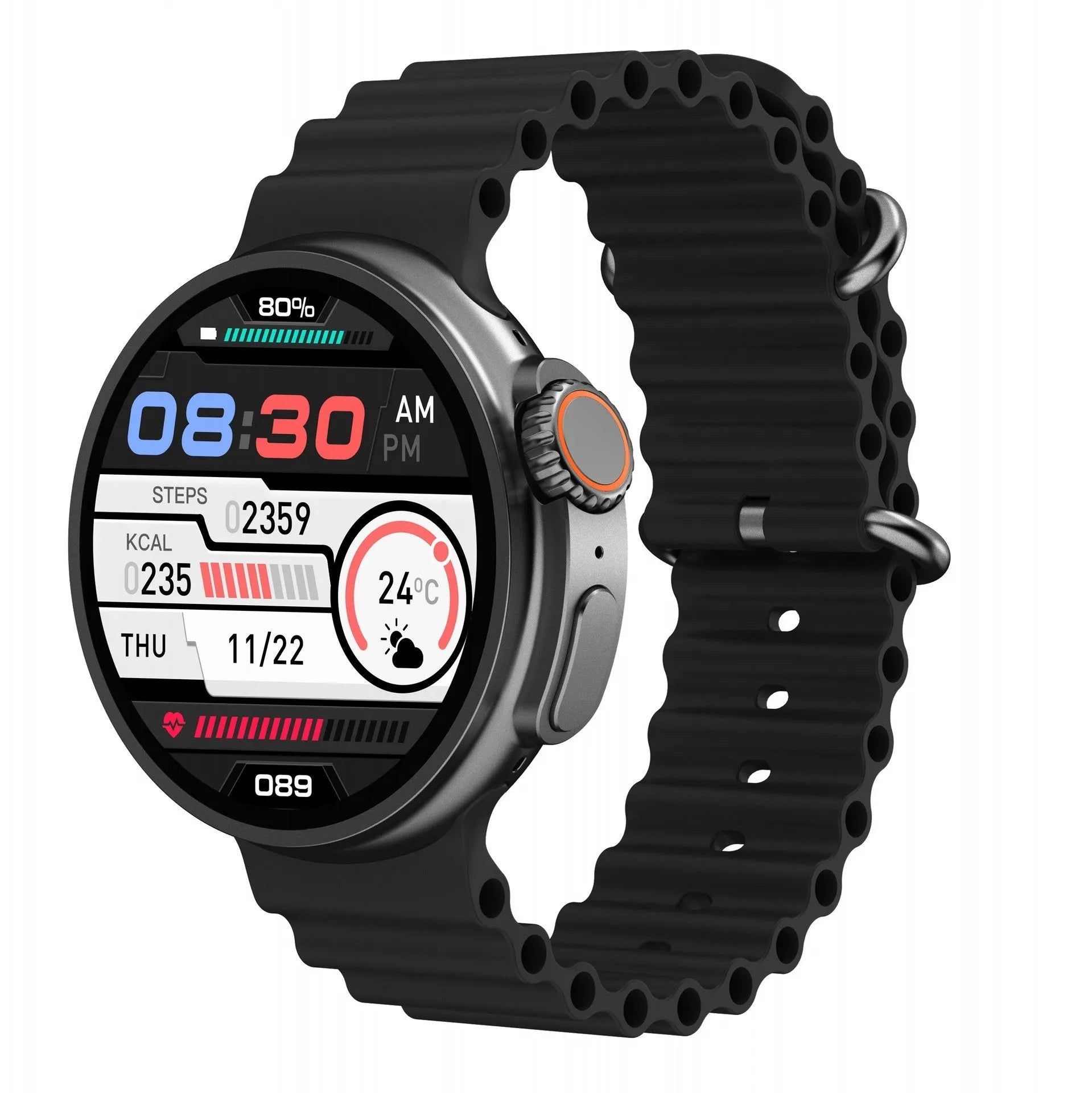 K9 smart watch with black silicone strap and round screen showing health metrics interface