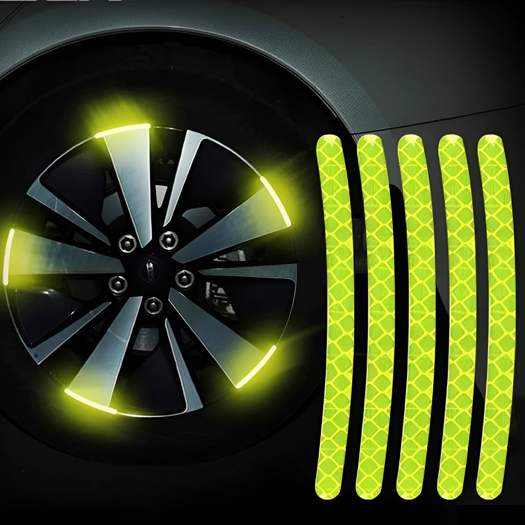 Pack of 20 arc-shaped reflective PVC stickers for car wheel hubs in multiple colours.