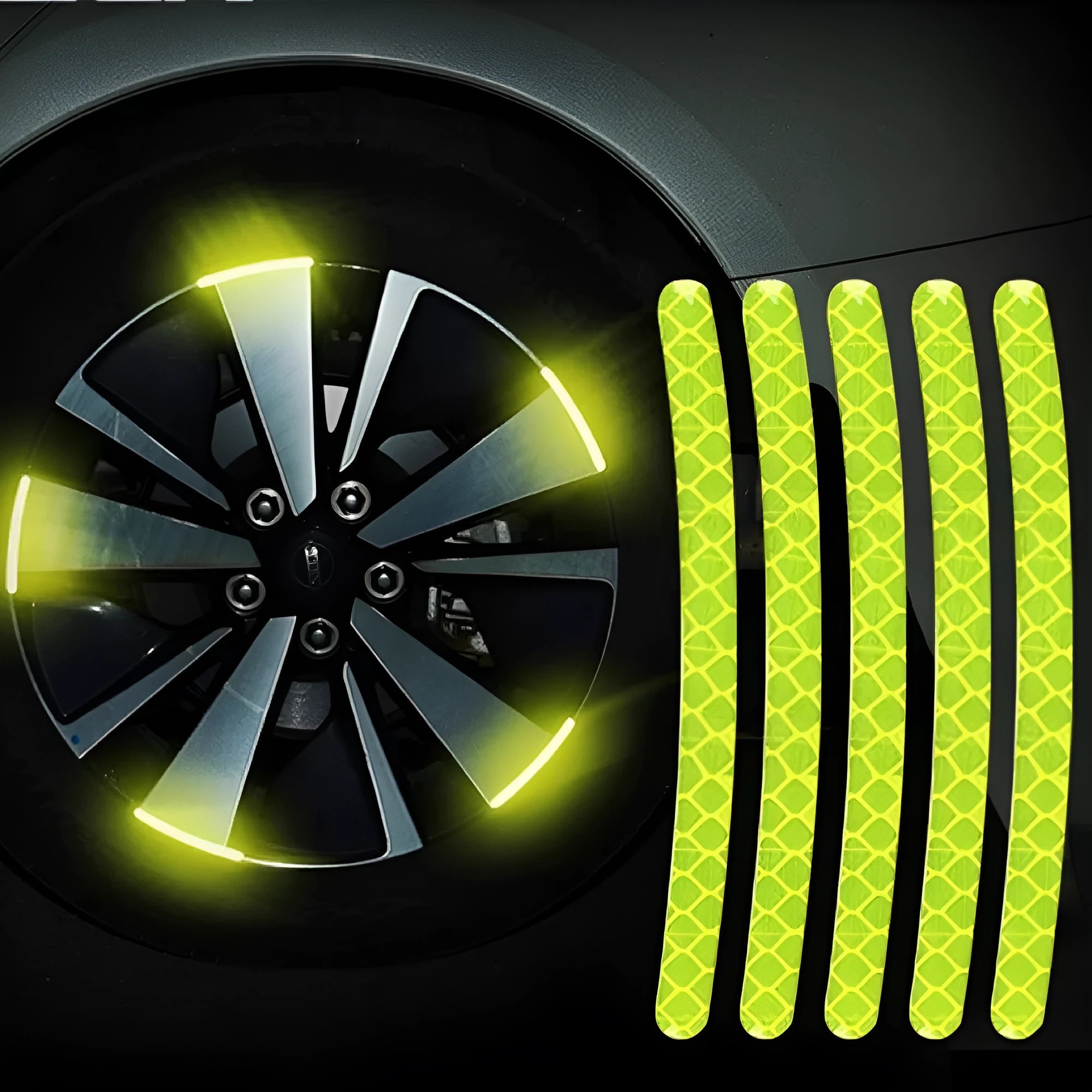 Pack of 20 arc-shaped reflective PVC stickers for car wheel hubs in multiple colours.