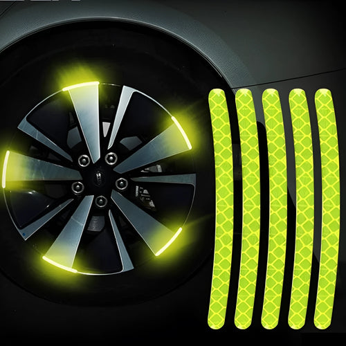 Pack of 20 arc-shaped reflective PVC stickers for car wheel hubs in multiple colours.