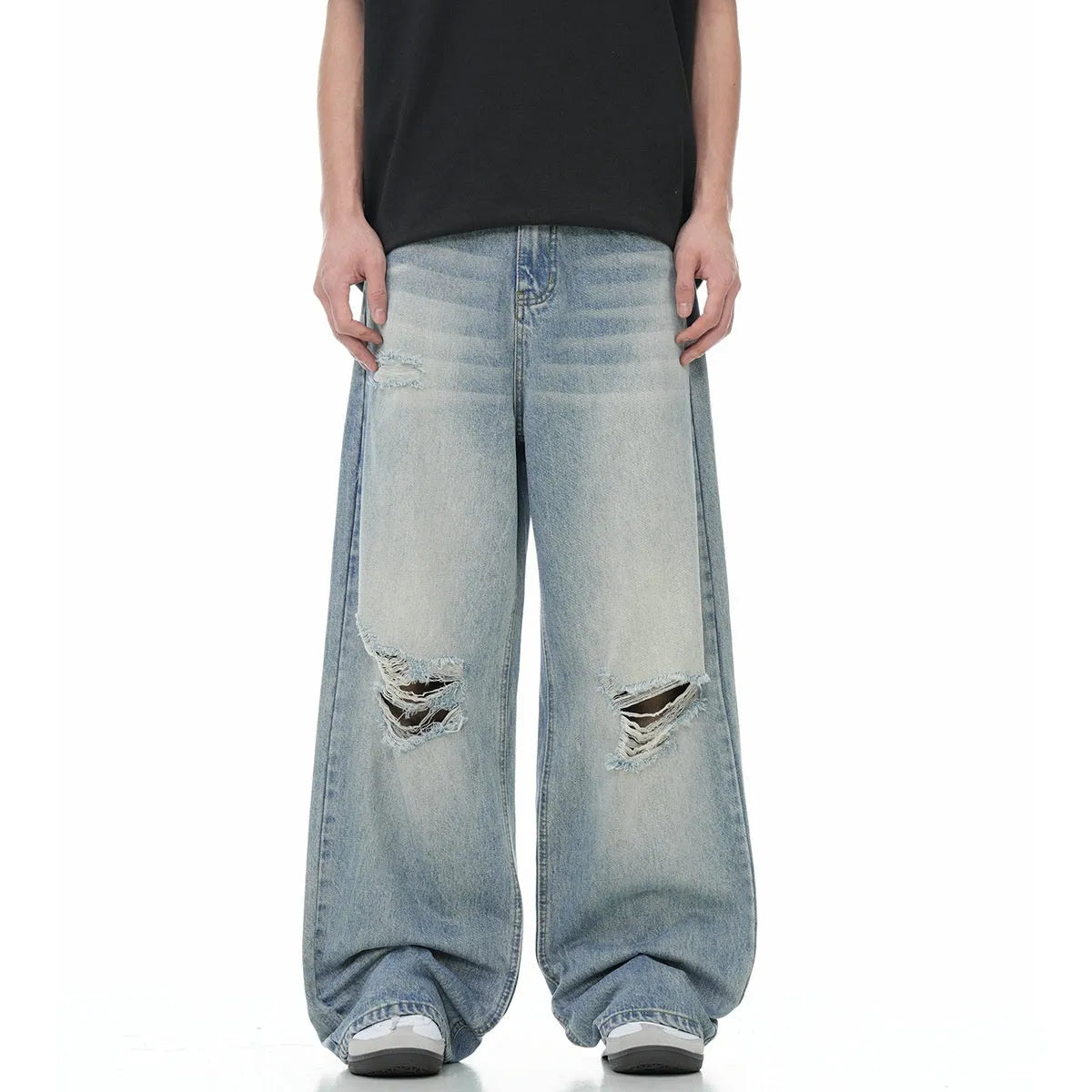 Blue men's straight-leg jeans with ripped detailing and an adjustable waistband.