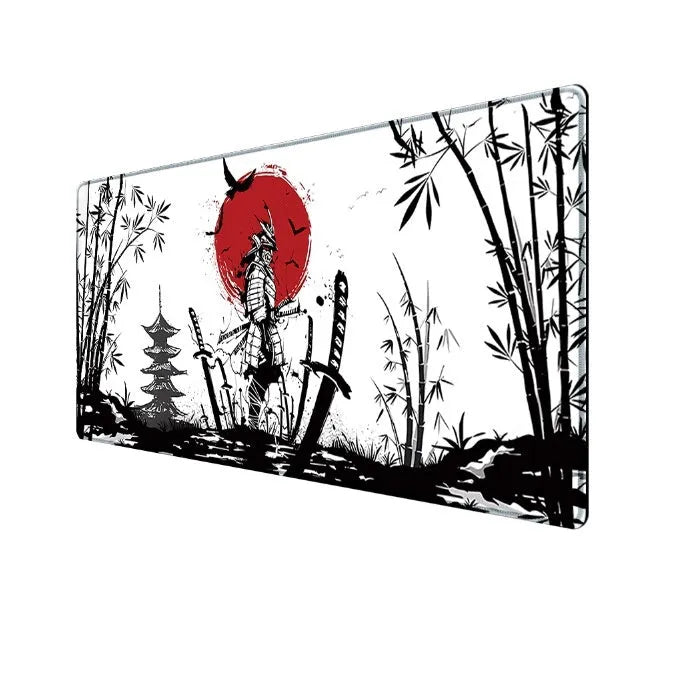 Japanese Samurai design gaming mouse pad on a desk, showing non-slip cloth base and thermal transfer print.