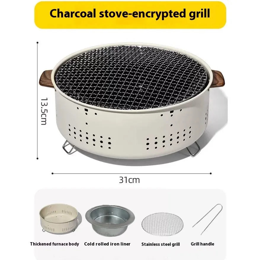 Portable charcoal indoor cooking stove with grill rack disk for tea preparation and barbecue