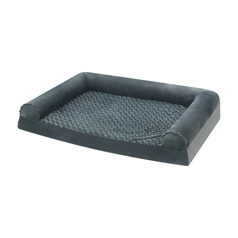 Light grey cloth dog kennel with raised sides for a medium-sized dog, shown on a wooden floor.