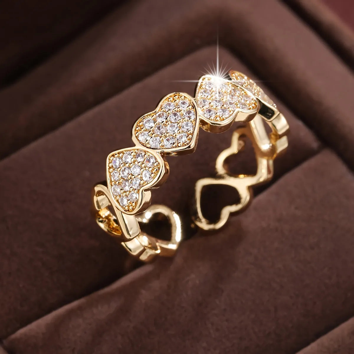 Adjustable open-ended copper couple's ring with geometric shape and heart detailing in gold or silver finish