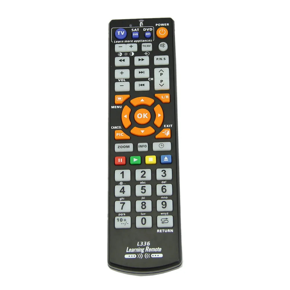 L336 black universal learning remote control with full key layout and 8-metre transmission range