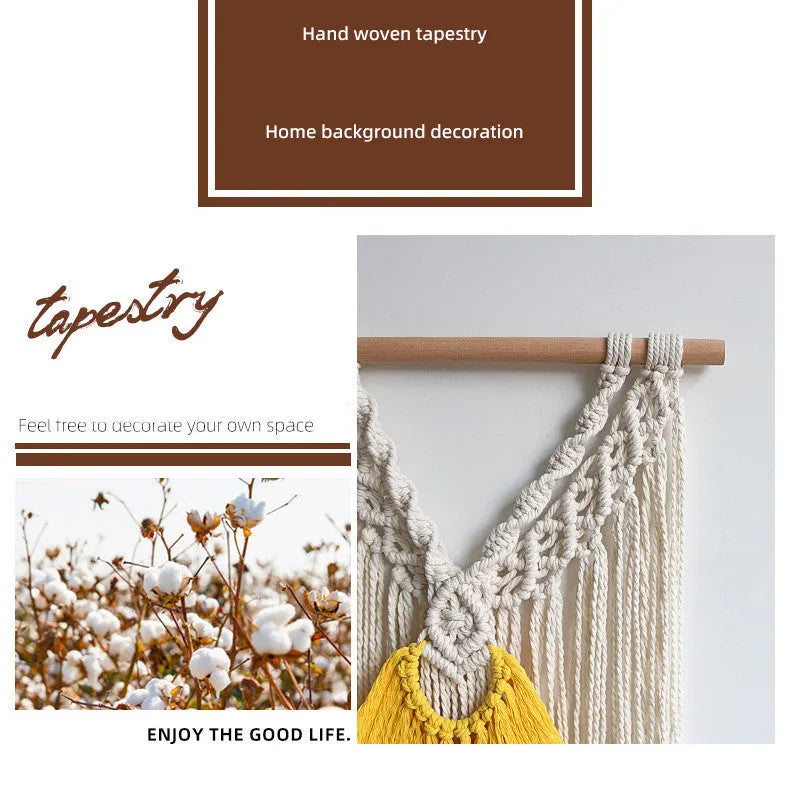 Nordic style creamy-white cotton tapestry with hand-woven yellow accents, rectangular shape 120x95cm