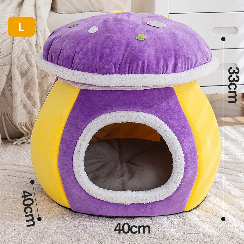 Grey plush mushroom-shaped cat nest with a detachable blanket, shown alongside pink and purple colour options.