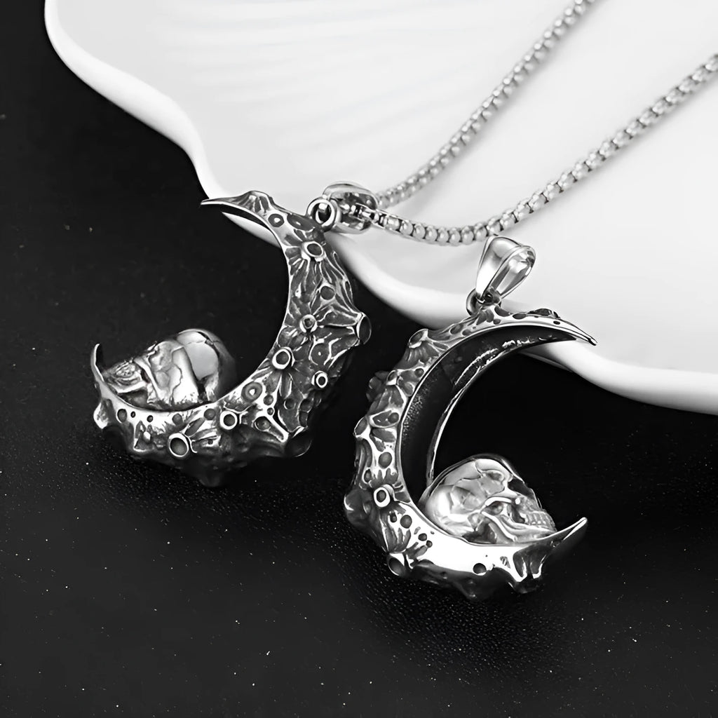 Men's stainless steel necklace with electroplated silver finish showing multiple pendant design options including skull, dagger and screw motifs