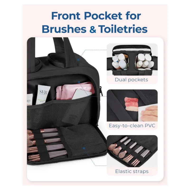 Large lightweight travel toiletry bag in beige with wide open design showing fluffy interior