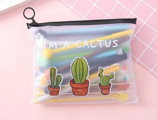Set of twenty black 0.5mm gel pens with cartoon cactus designs in a plastic storage case measuring 21x17 cm