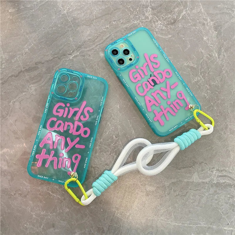 Mint green TPU iPhone case with hand-painted graffiti artwork and attached black lanyard