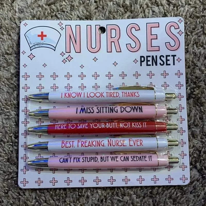 Five nurse-themed ballpoint pens with humorous medical copywriting on plastic barrels