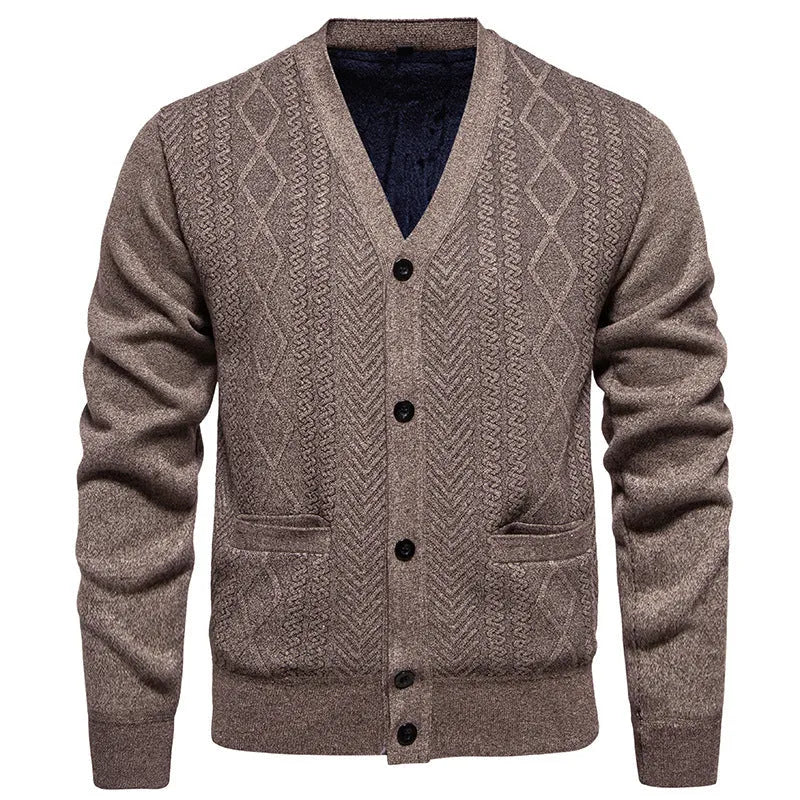 Men's striped cardigan sweater with wool lining in brown colour showing long sleeves and button front