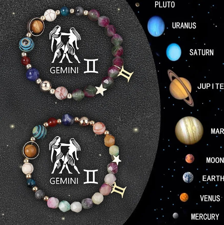 Set of twelve natural stone beaded bracelets, each representing a different zodiac sign.