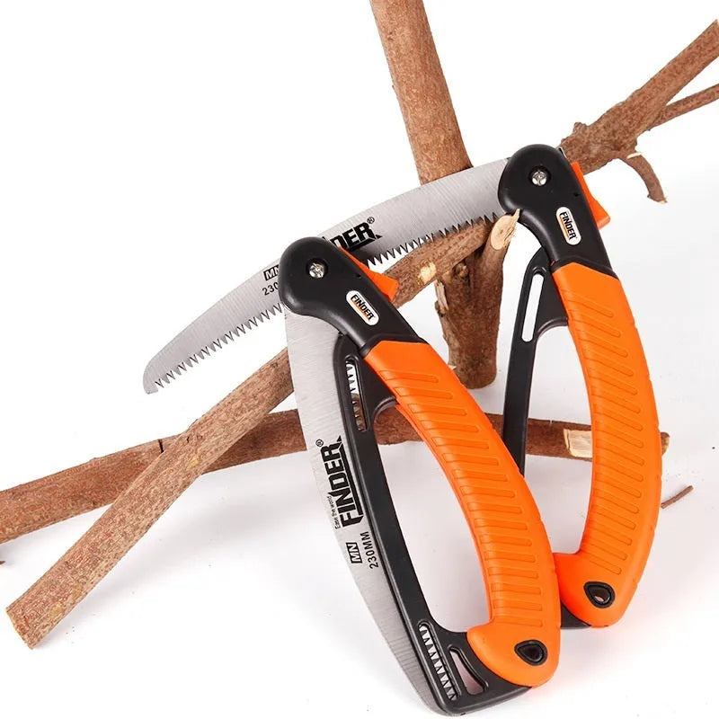A folded and open 230mm garden trunk saw with a TPR grip and 65MN steel blade.