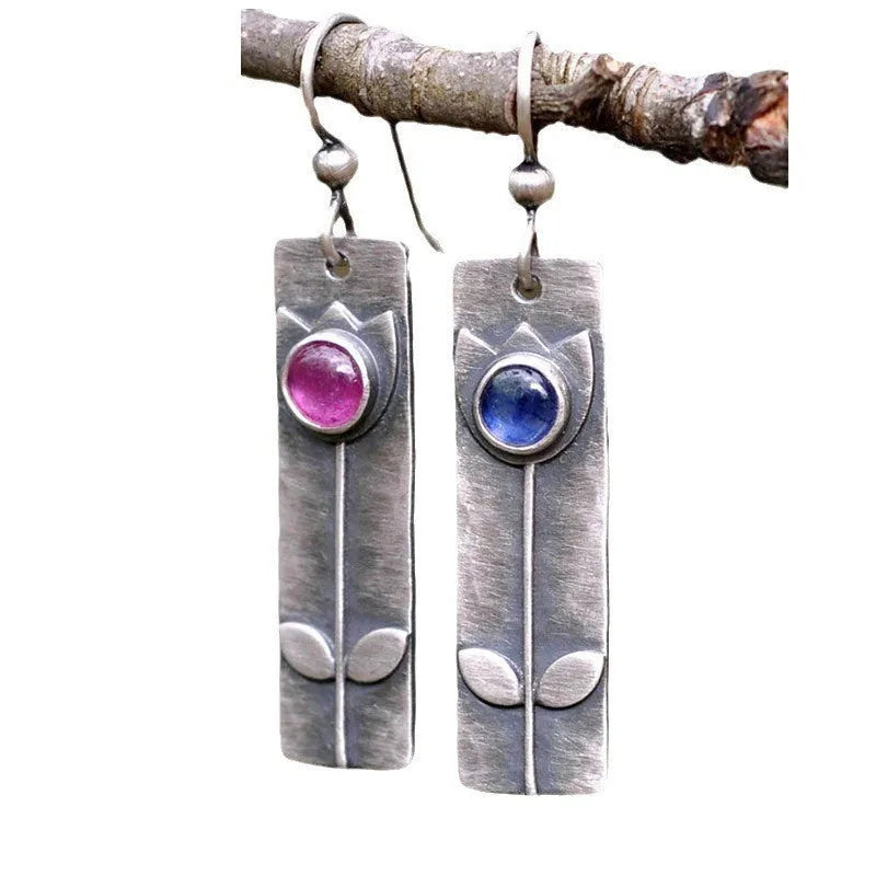 Antique finish red sapphire earrings with geometric ellipse design for women