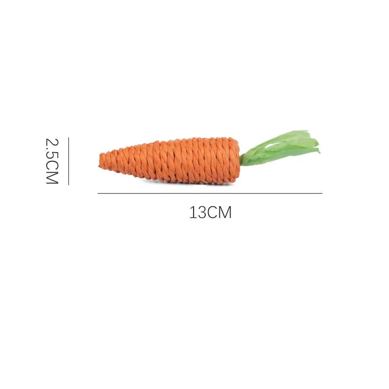 Set of cat toys including carrot-shaped bites, paper toys, ringing stones, and grinding sticks in two sizes.