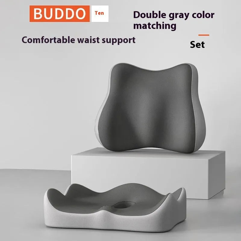 A waist rest seat cushion with memory foam filler for office use, shown in a blue and grey colour combination.