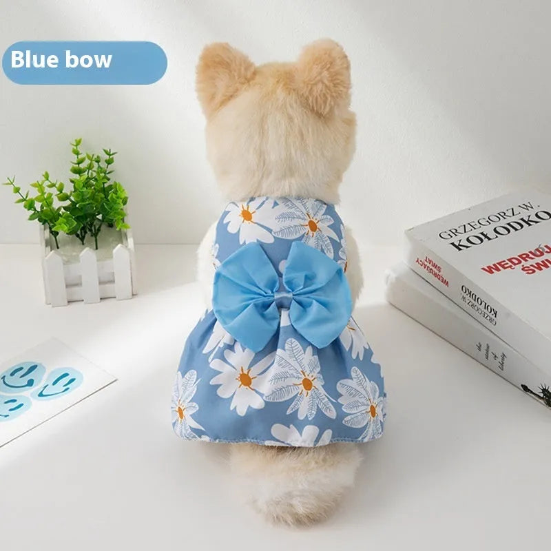 Ultra-thin floral print princess-style dress for a dog or cat, featuring a butterfly pattern and a large knot bow.