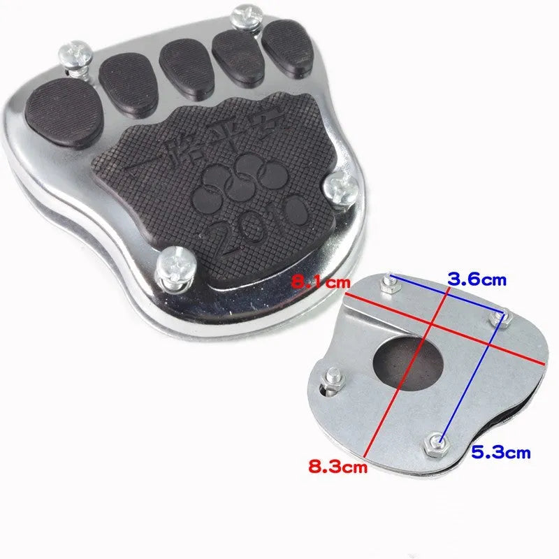 Metal motorcycle brake pedal skid plate replacement part showing three colour options
