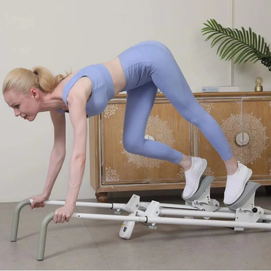 White folding home treadmill with a 1 horsepower motor shown in a domestic setting.