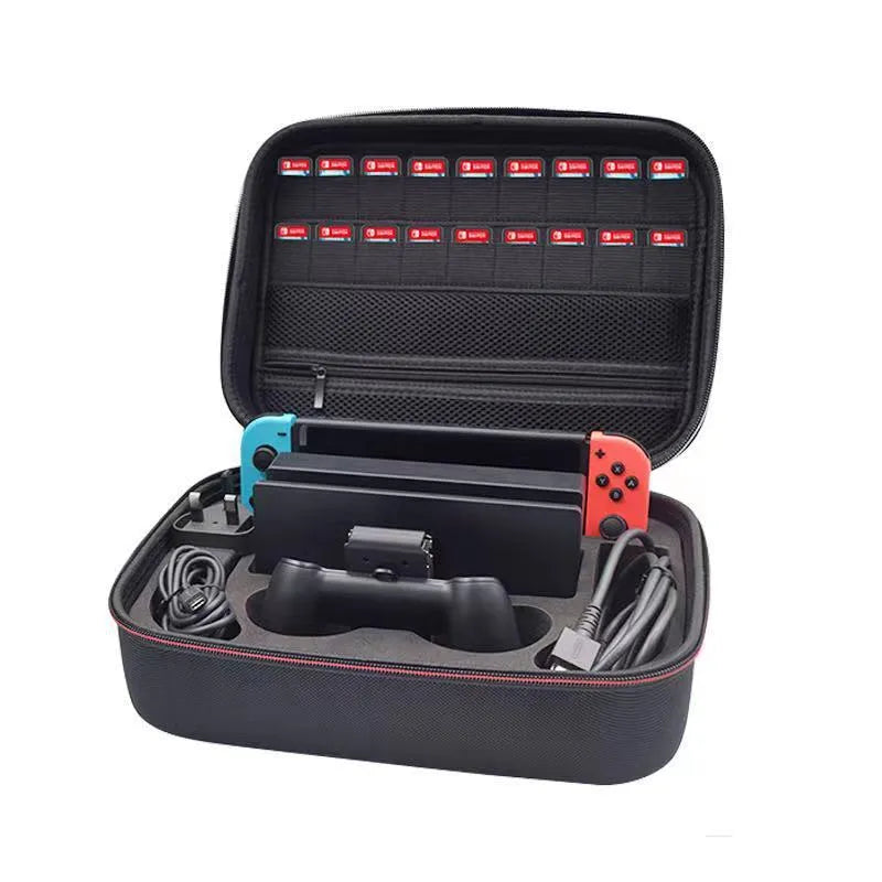 Black EVA hard-shell storage bag for game console accessories with organisational compartments