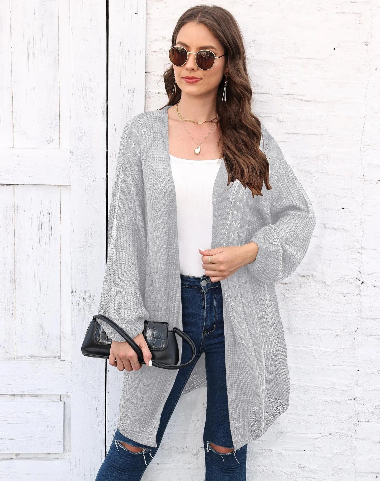 Women's loose acrylic sweater coat in solid colours including army green, black, brown, light grey, and rose red