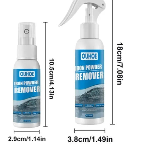 Automotive iron powder rust remover spray bottle with sponge applicator for car bodywork.