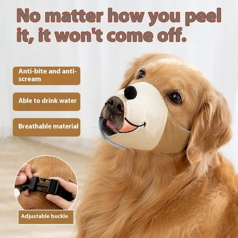 Canvas dog muzzle in Ollie Brown Bear colour, shown next to size guide for S, M, L, and XL based on dog weight.