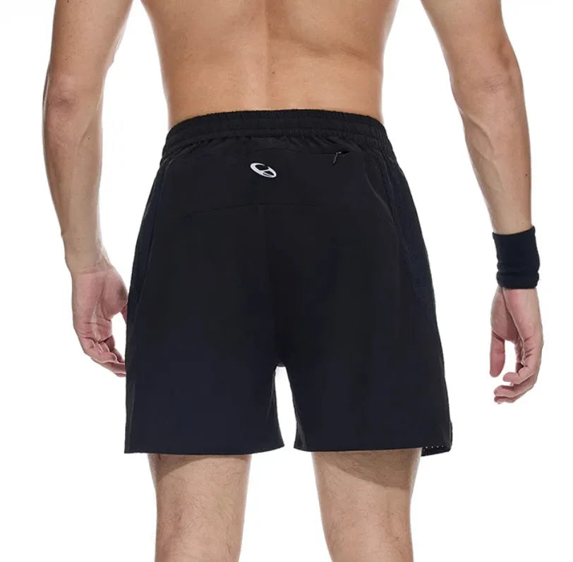 Mysterious Black four-point stretch running shorts with laser punch stitching laid flat.