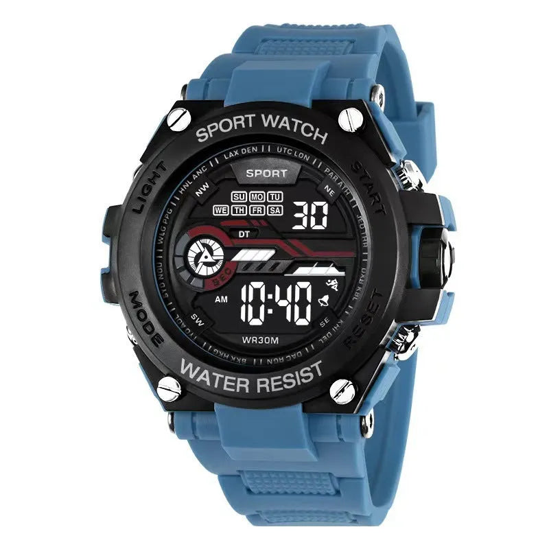 Digital electronic wristwatch with a colourful silicone strap on a wrist, showing the LED display.