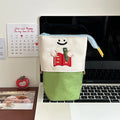 Cartoon Korean style collapsible pencil case in Oxford fabric showing brown and green colour options