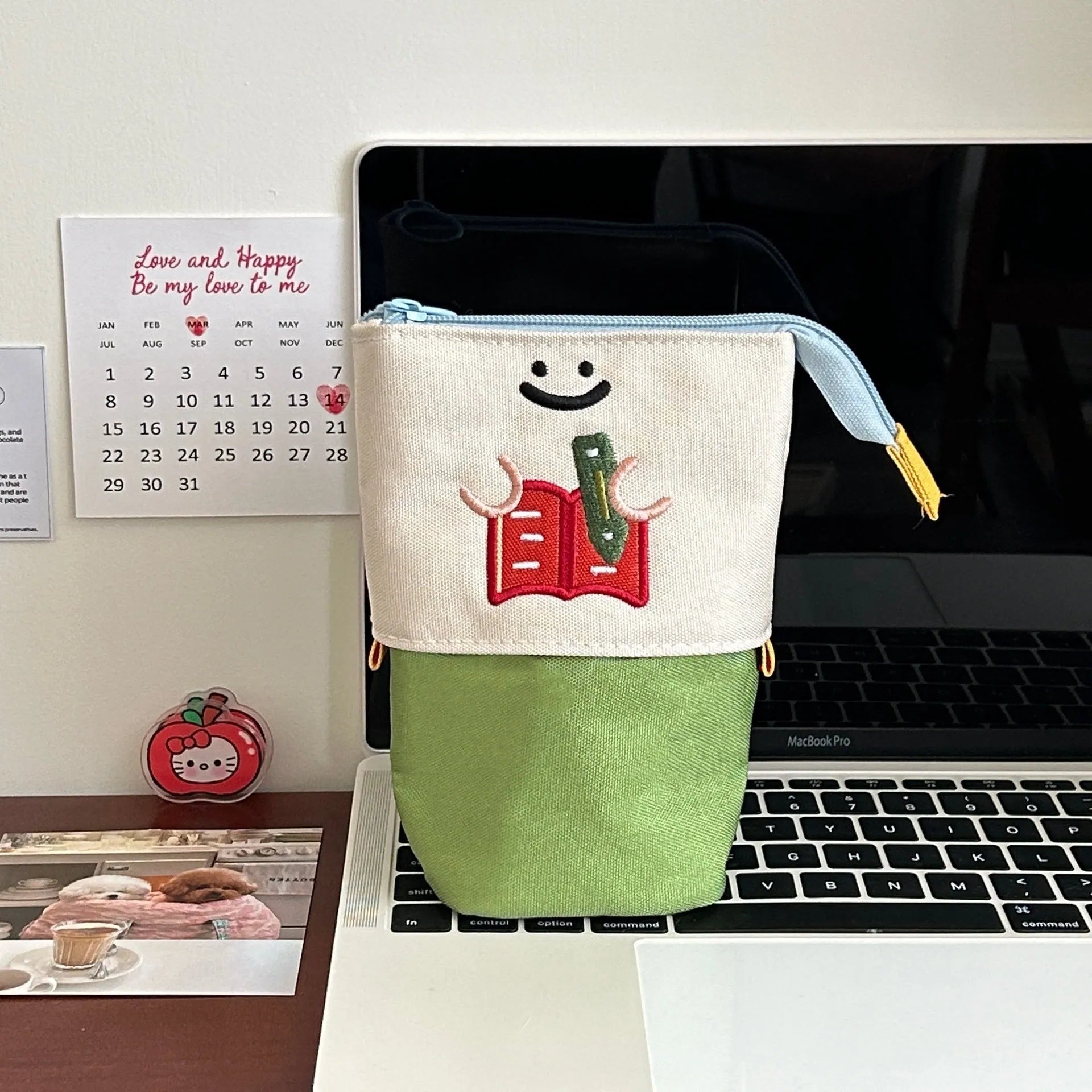 Cartoon Korean style collapsible pencil case in Oxford fabric showing brown and green colour options