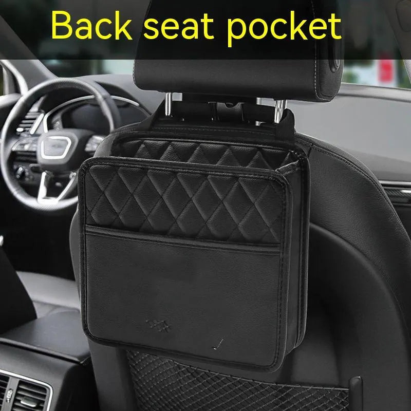 Leather hanging car storage bag in black colour measuring 25cm with hanging straps