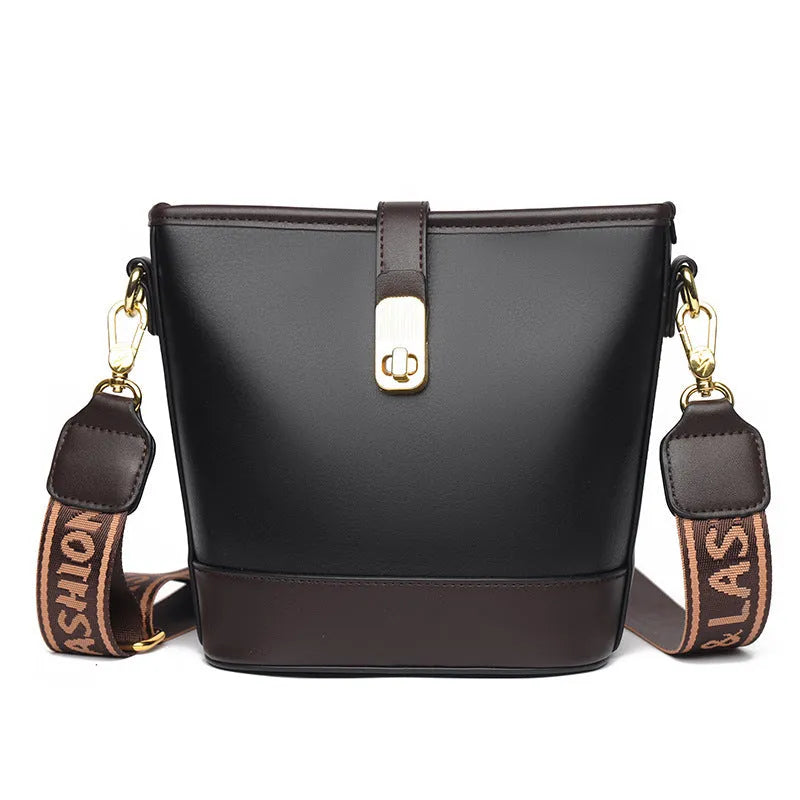 Korean-style black bucket messenger bag with soft PU leather and shoulder straps