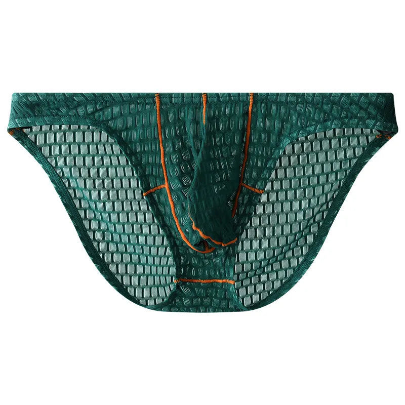 Men's low-waist ice silk lace briefs in white, black, green, red, and purple colours.