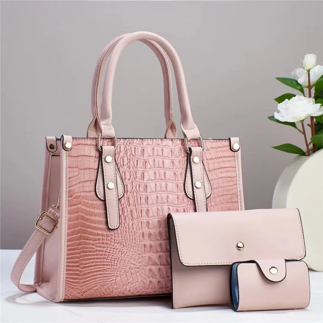 PU leather three-piece organiser set with crossbody bag, wallet, and card holder in contrasting colours