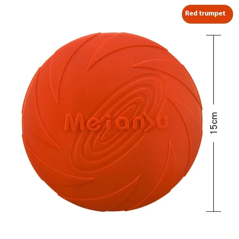 Soft rubber dog frisbee flying disc toy in red, shown in small, medium, and large sizes for outdoor fetch.